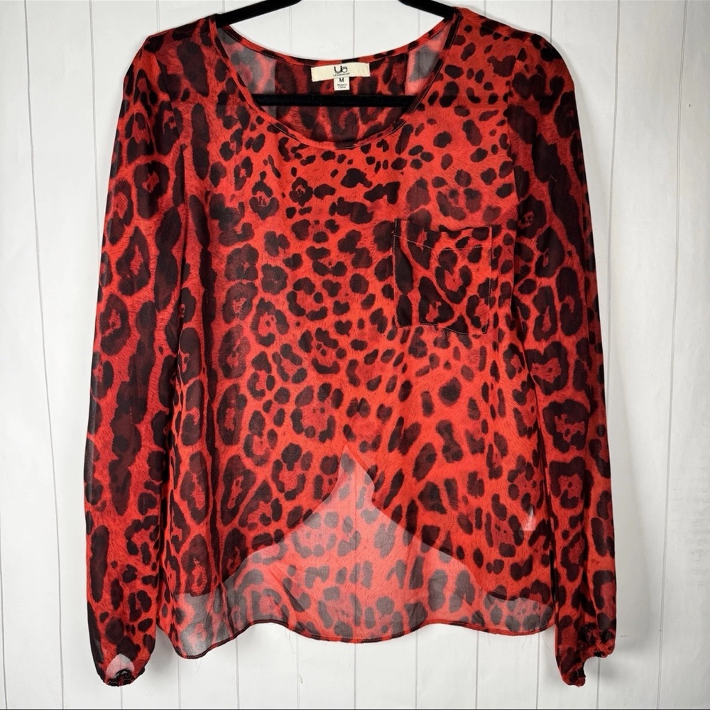 Ya LA Red Sheer Leopard Cheetah Print Statement Top‎ Y2K Party Going Out Edgy M
